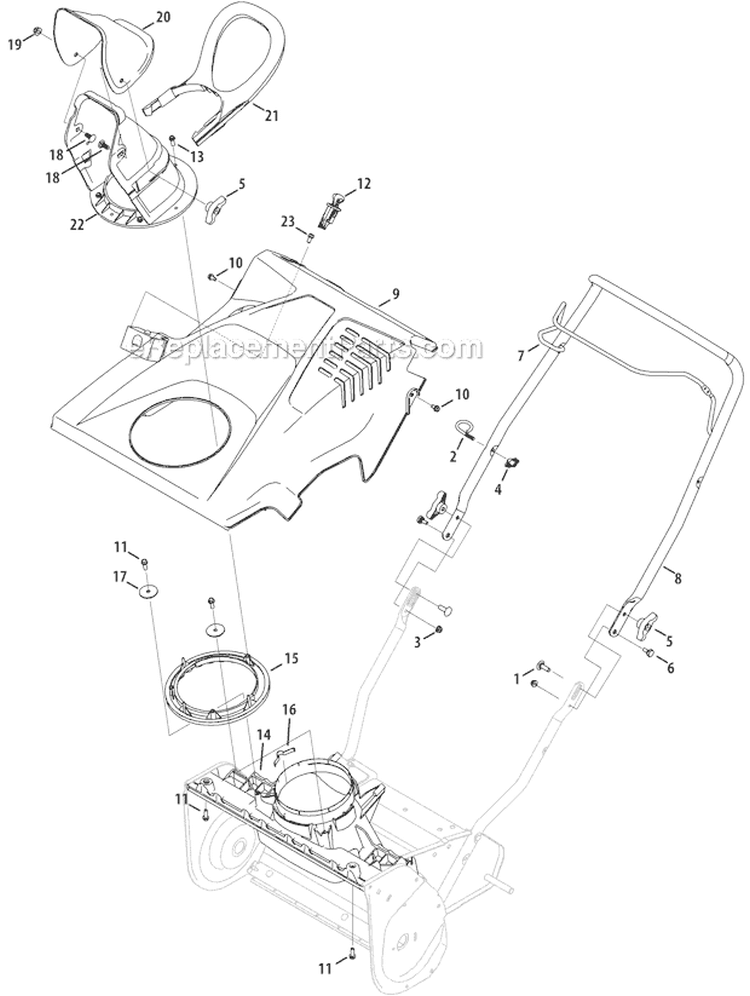 Shroud Chute and Handle Diagram and Parts List for 31AS2S1E701 2011 Yard Man Snow Blower
